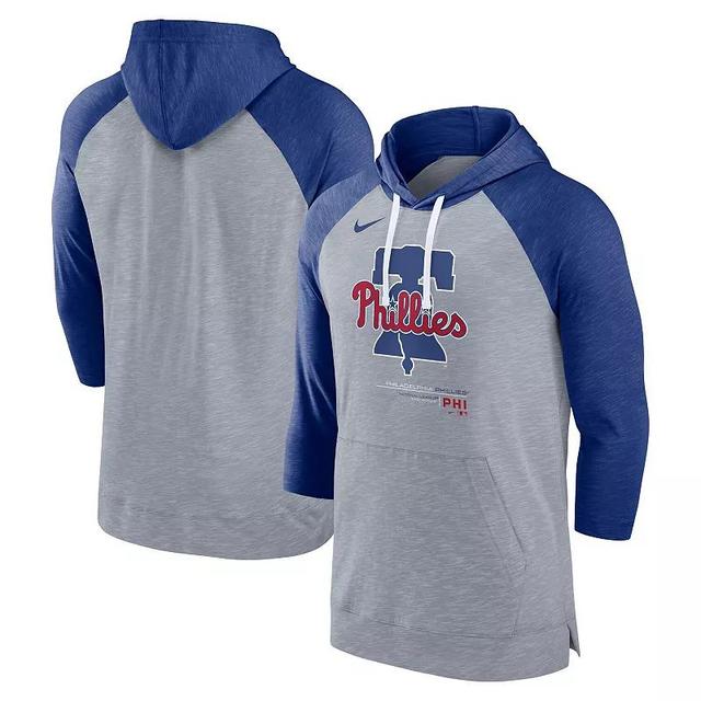 Mens Nike Heather Gray/Heather Royal Philadelphia Phillies Baseball Raglan 3/4-Sleeve Pullover Hoodie Product Image