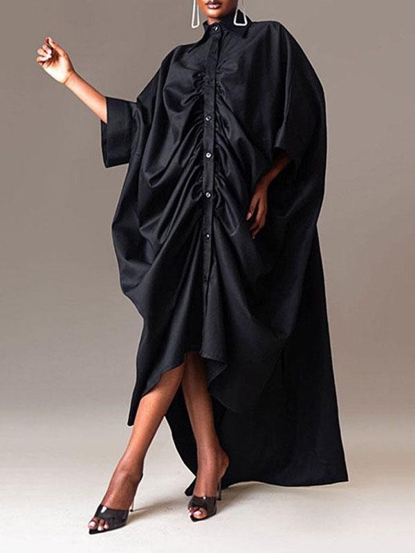 Long Sleeves Loose Buttoned Pleated Solid Color Lapel Maxi Dresses Shirt Dress Product Image