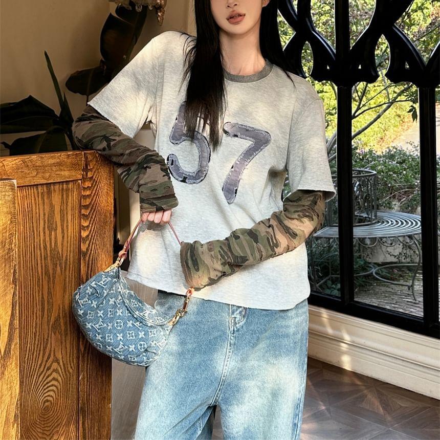 Long Sleeve Mock Two Piece Camouflage Panel Numbering Applique Loose-Fit Tee Product Image