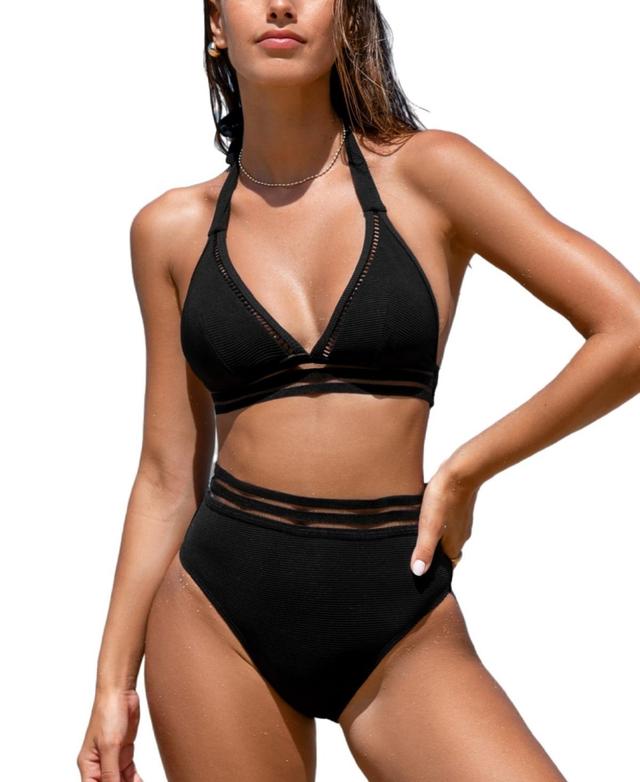 Cupshe Womens Black Halterneck Bikini Top & Standard Bottoms Set Product Image