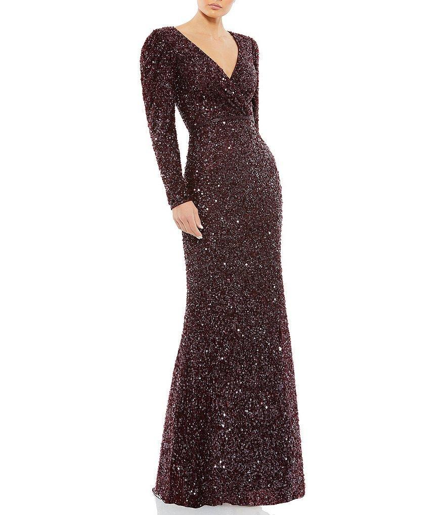 Mac Duggal Sequin Surplice V-Neck Long Puff Sleeve Faux Wrap Gown Product Image