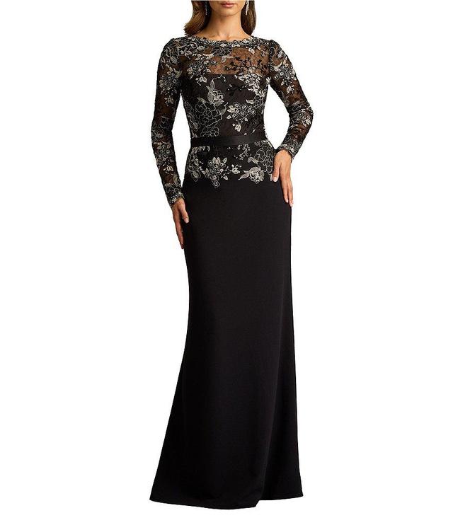 Tadashi Shoji Illusion Long Sleeve Embroidery Lace Crepe Aline Gown Product Image