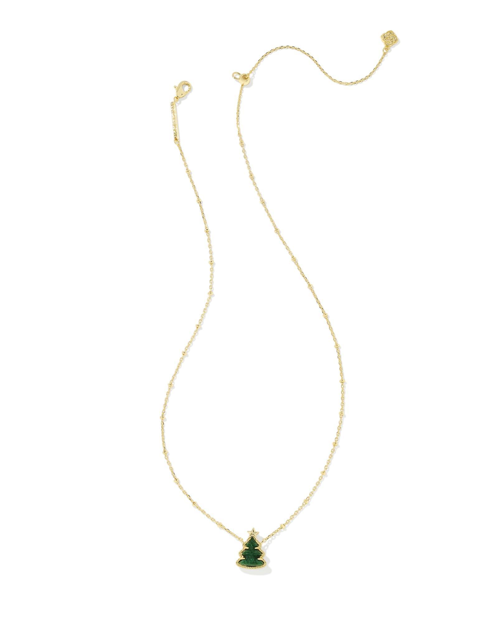 Holiday Tree Gold Short Pendant Necklace in Green Quartzite Product Image