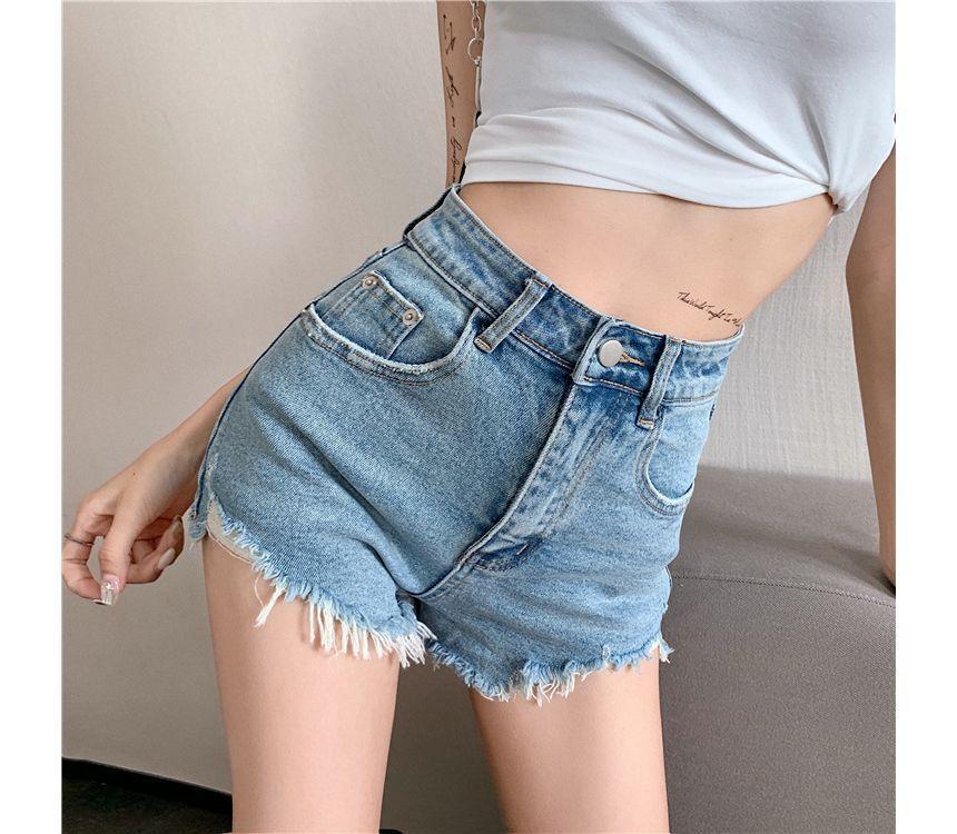 High Waist Fray Denim Hot Pants Product Image