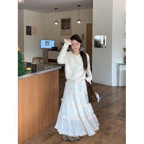 Crewneck Bowknot lain Cardigan / High Rise Plain Maxi A-Line Skirt Product Image