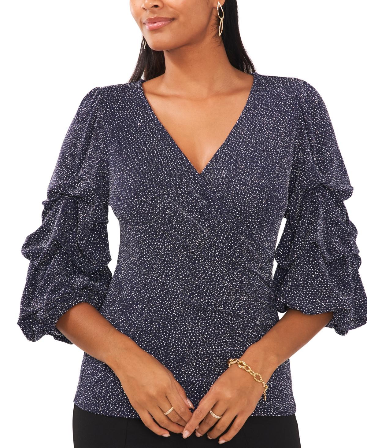 Msk Petite Glitter-Knit Tiered-Sleeve Surplice Top Product Image