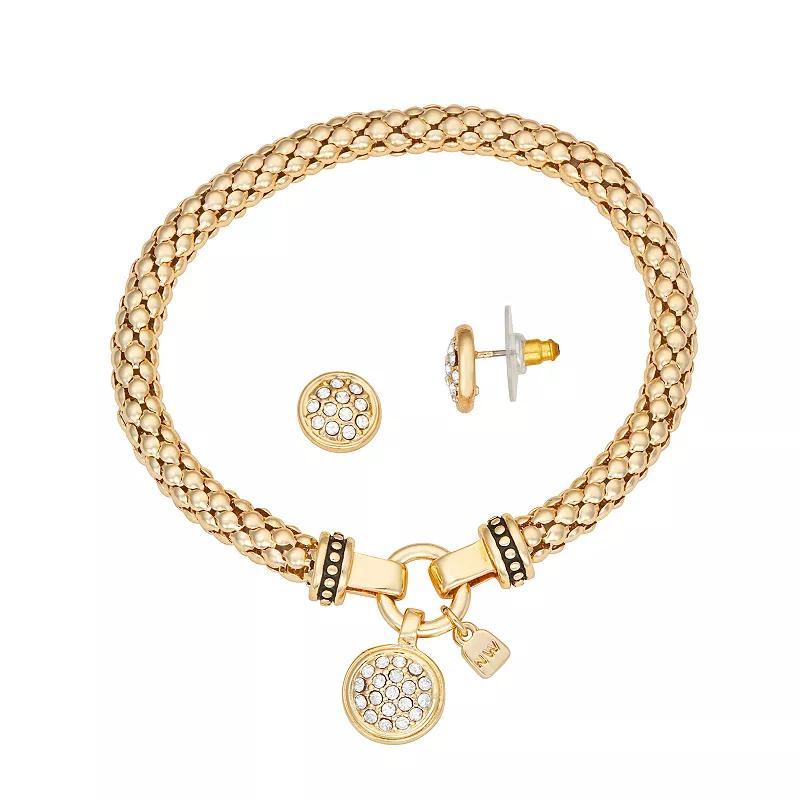 Nine West Gold Tone Crystal Pave Bracelet & Stud Earring Set, Womens Product Image