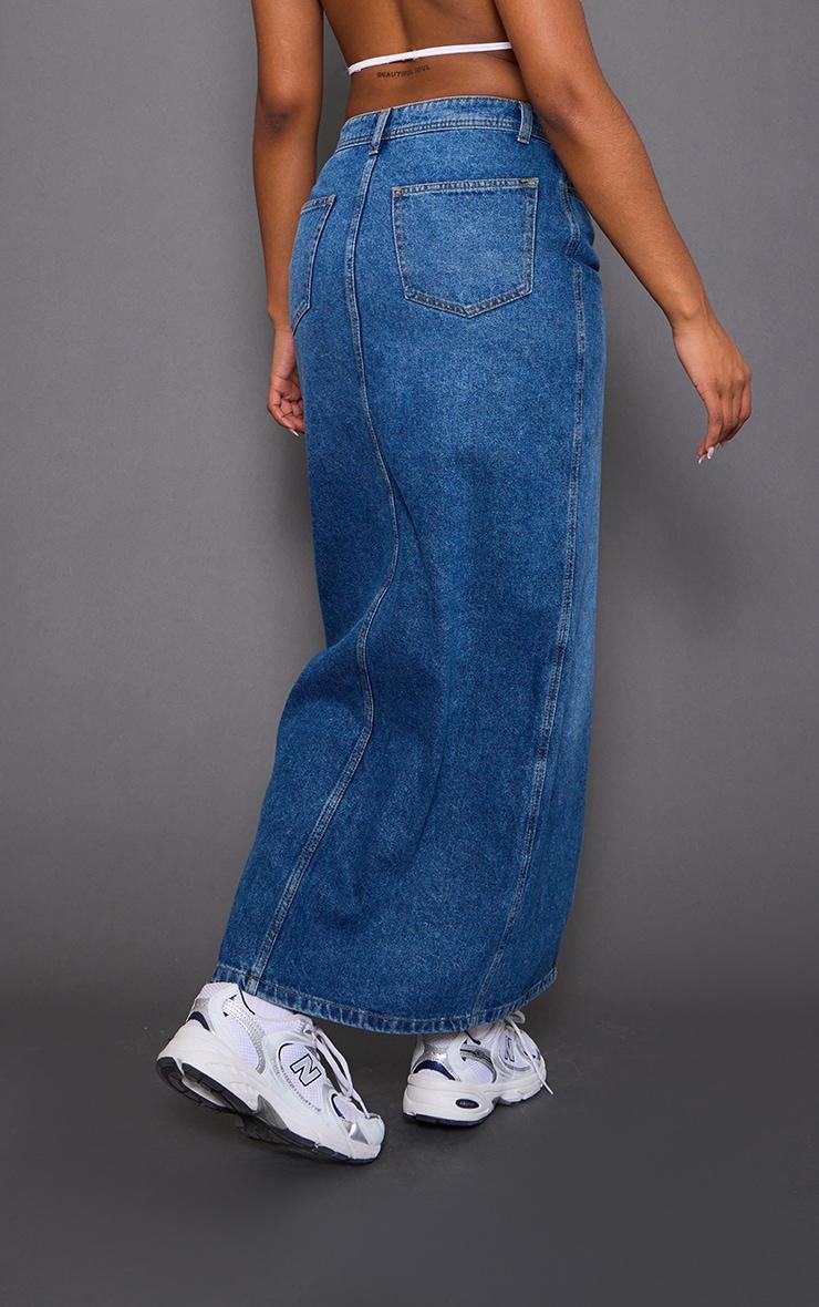 Dark Blue Wash Split Front Denim Maxi Skirt Product Image