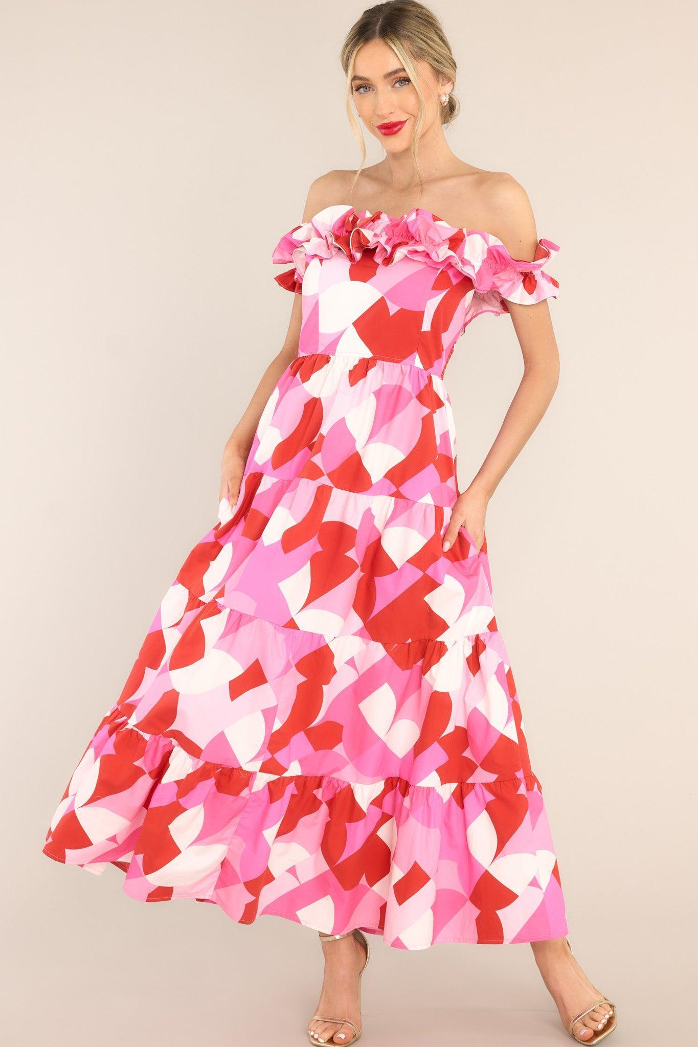 Fight The Feeling Pink & Red Print Midi Dress Product Image