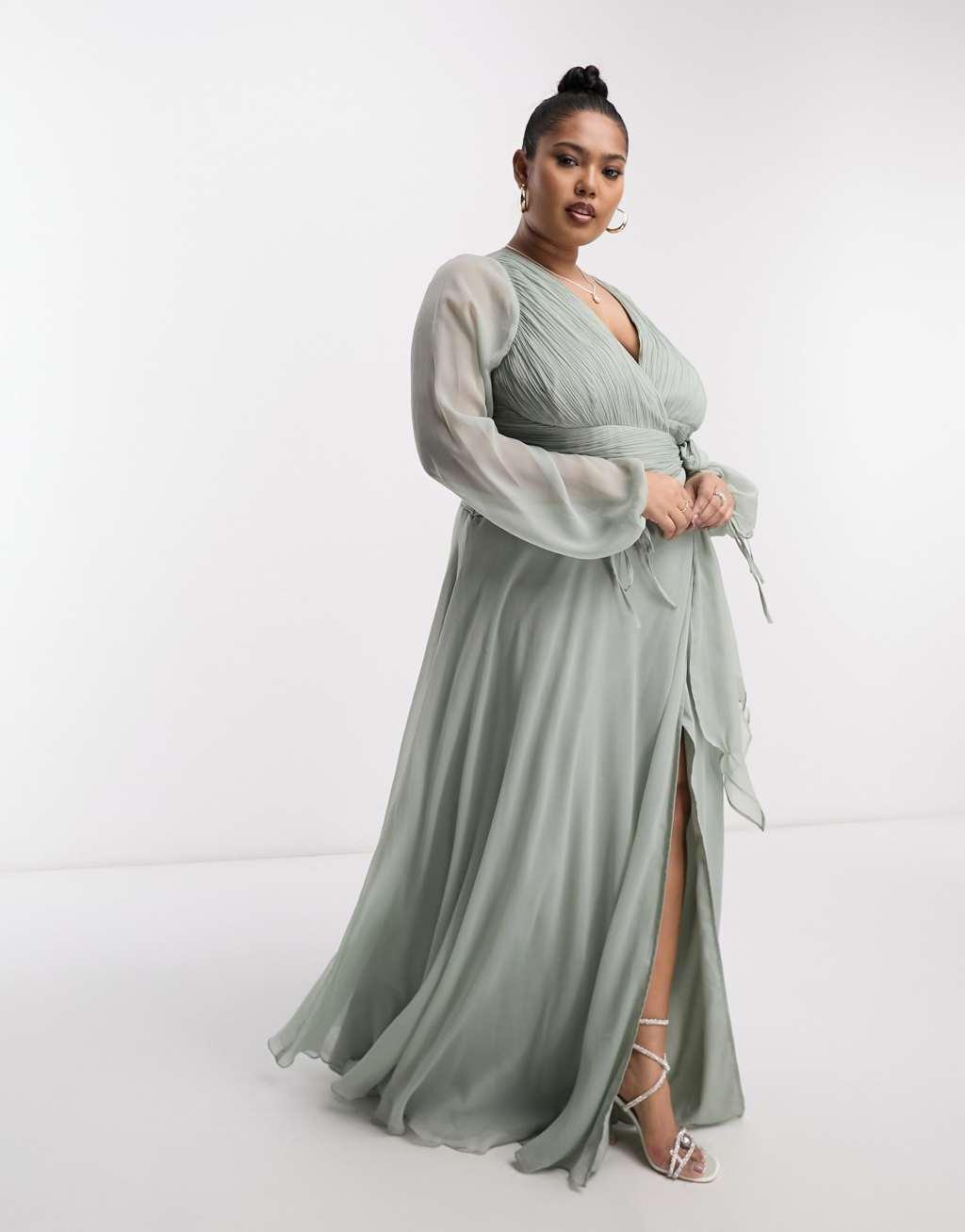 ASOS DESIGN Curve bridesmaid long sleeve ruched maxi dress with wrap skirt in sage Product Image