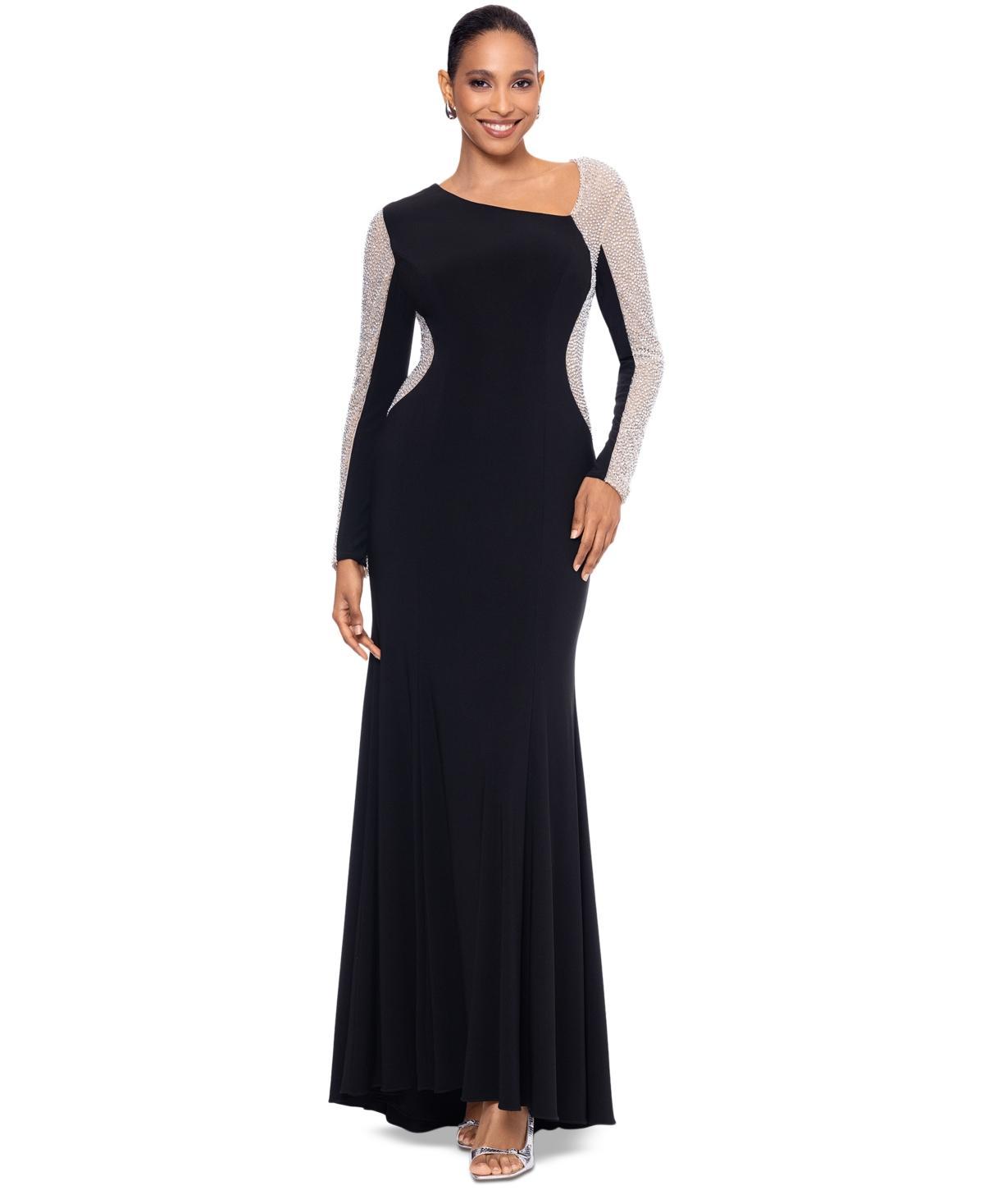 Xscape Womens Asymmetrical Rhinestone-Mesh-Sleeve Gown - Black/Nude Product Image