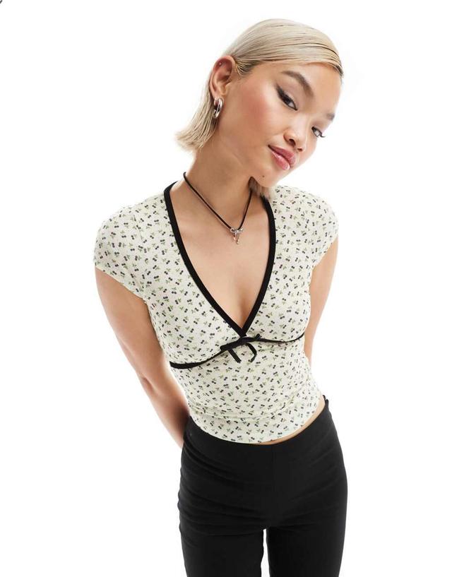 Glamorous v neck crop top in cherry pointelle with velvet ribbon Product Image