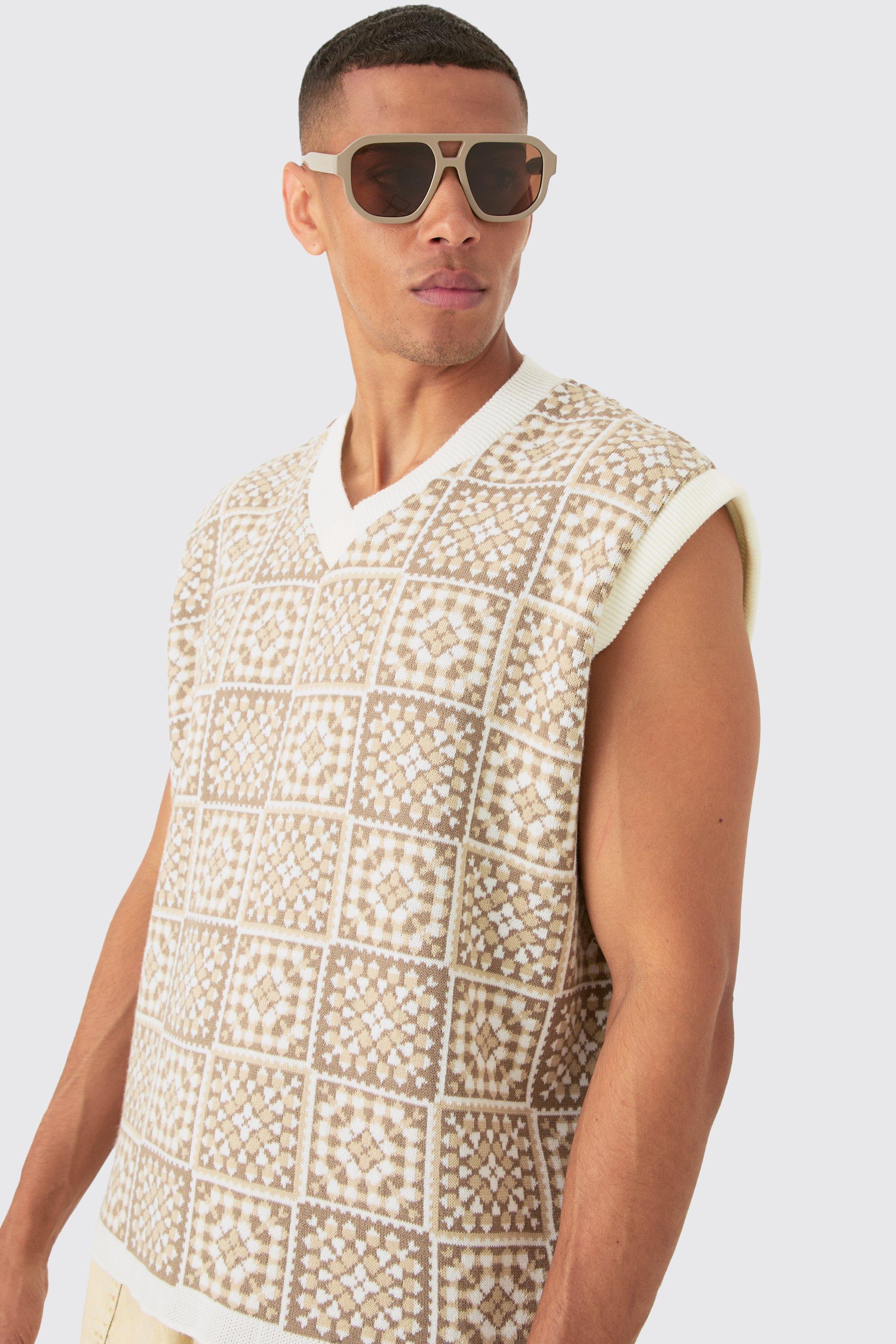 Oversized V Neck Crochet Knitted Tank | boohooMAN USA Product Image