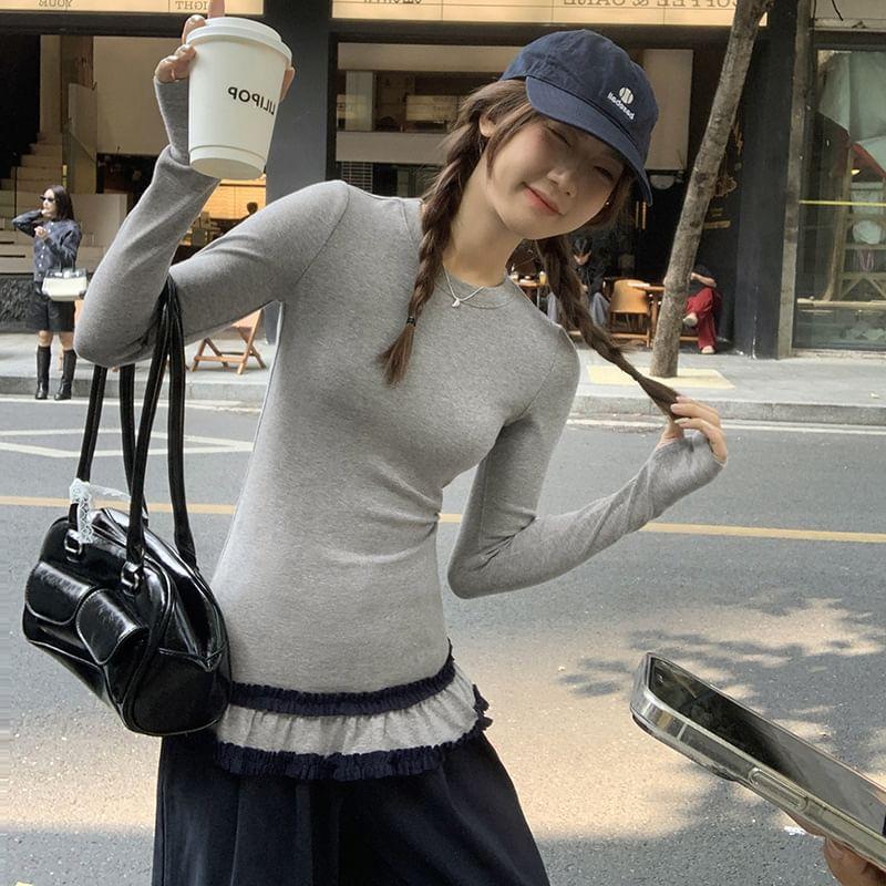 Long-Sleeve Crew Neck Ruffle Trim Slim Fit T-Shirt Product Image