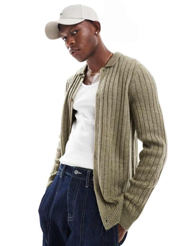 ASOS DESIGN brushed ribbed knitted collar cardigan in khaki Product Image