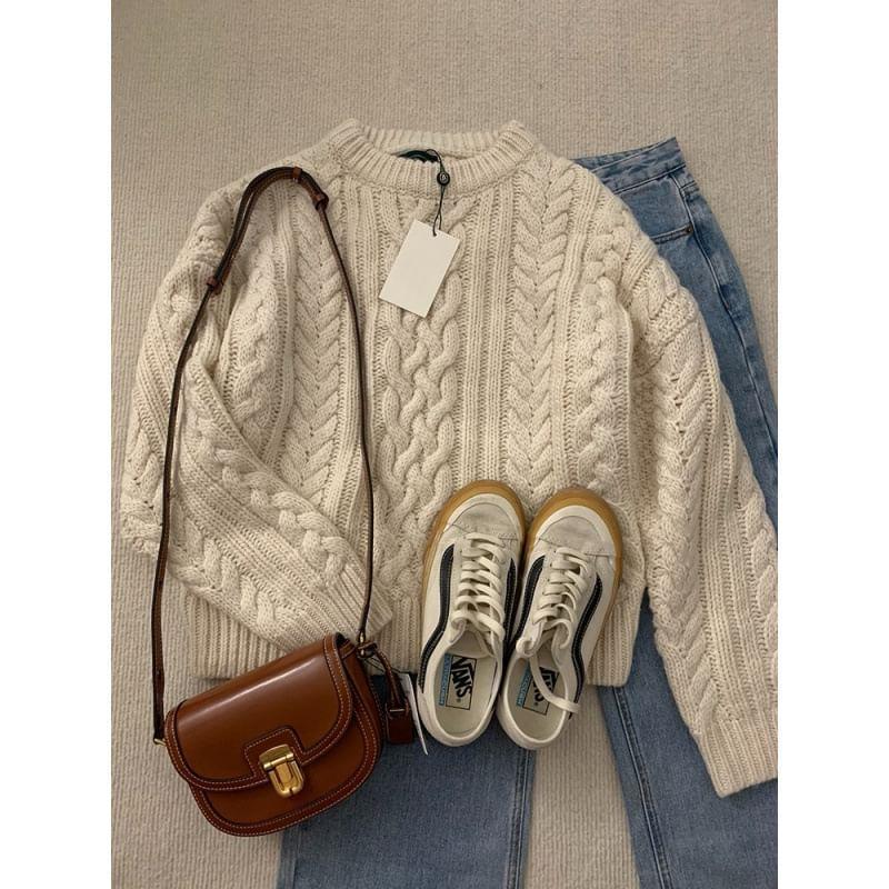 Round Neck Plain Cable Knit Sweater Product Image