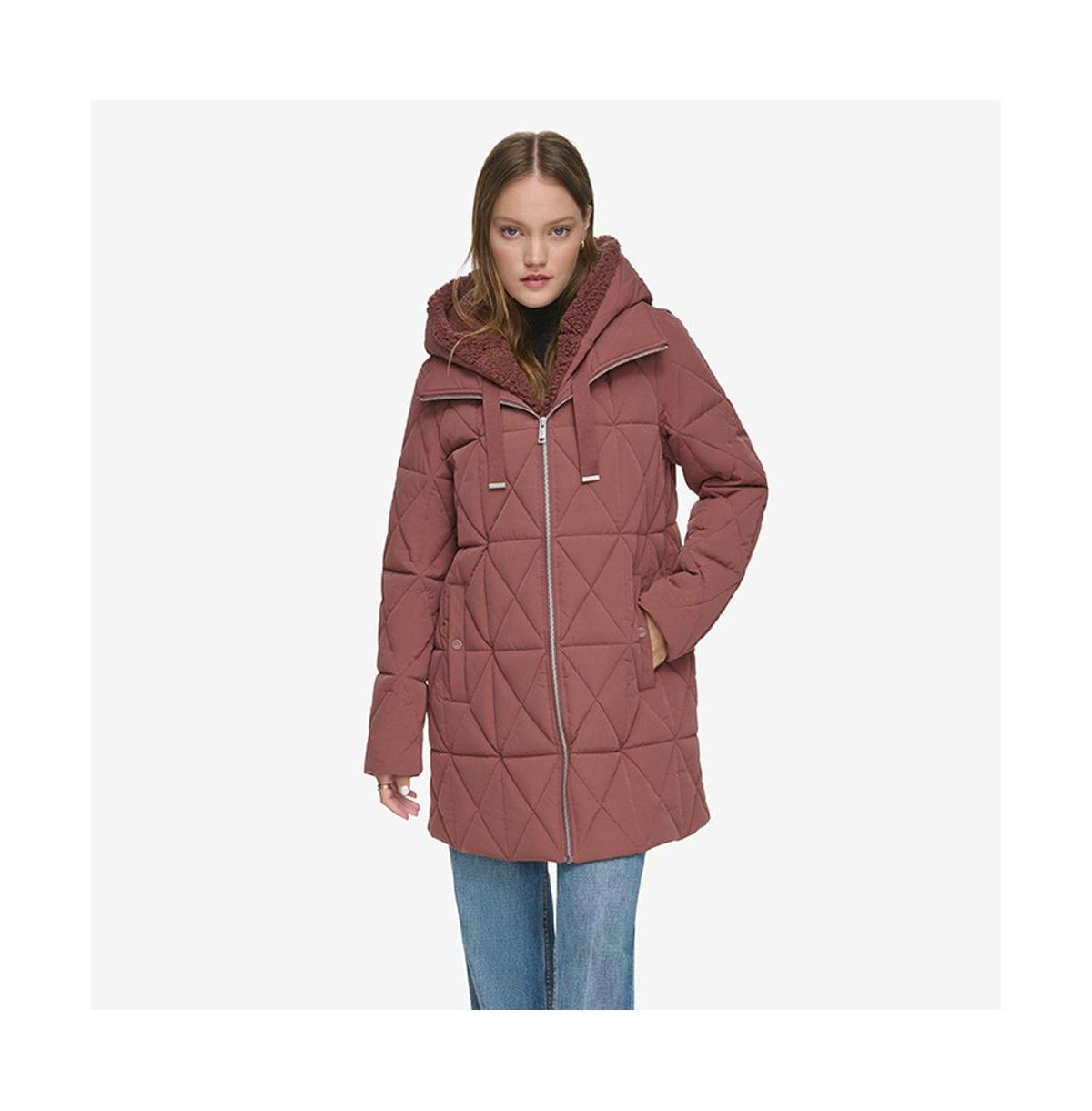 Islee Quilted Womenss Puffer Coat With Popcorn Sherpa Trimming and Removable Hooded Bib Product Image