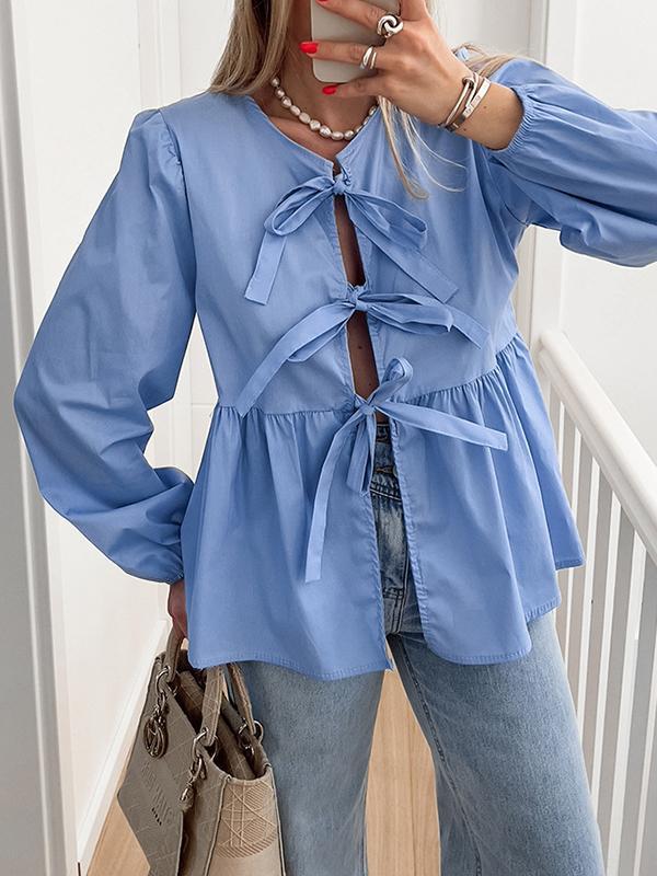 Long Sleeves Loose Elasticity Solid Color Split-Joint Tied Round-Neck Blouses&Shirts Tops Product Image