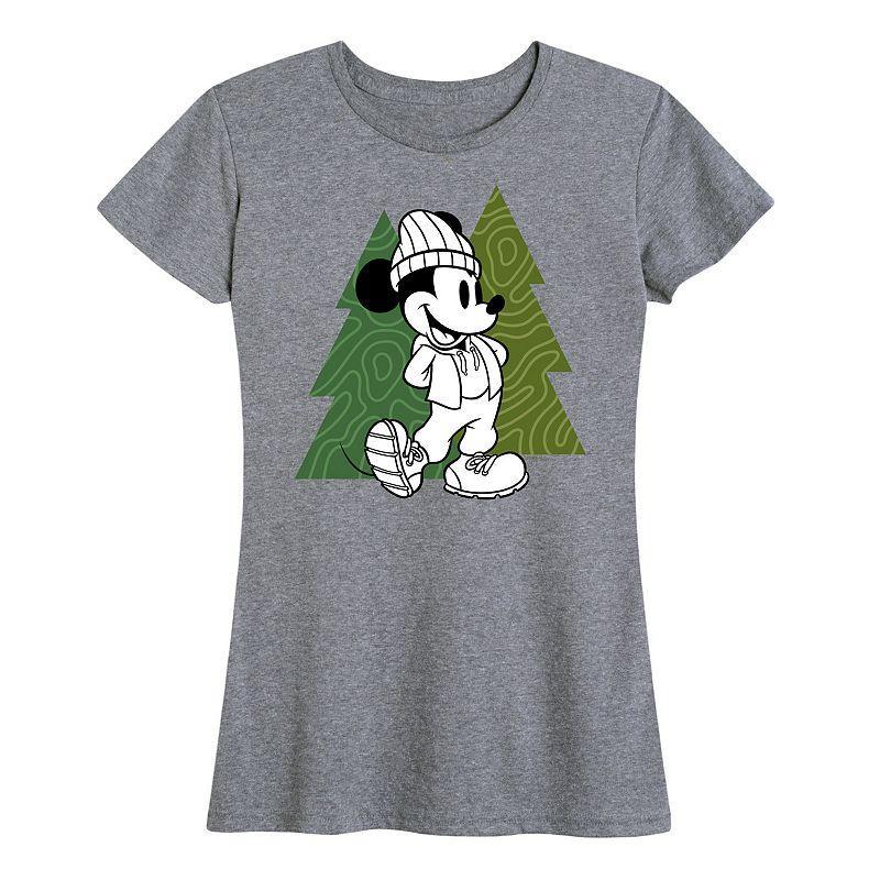 Disneys Mickey Mouse Womens Patterned Trees Graphic Tee Grey Gray Product Image