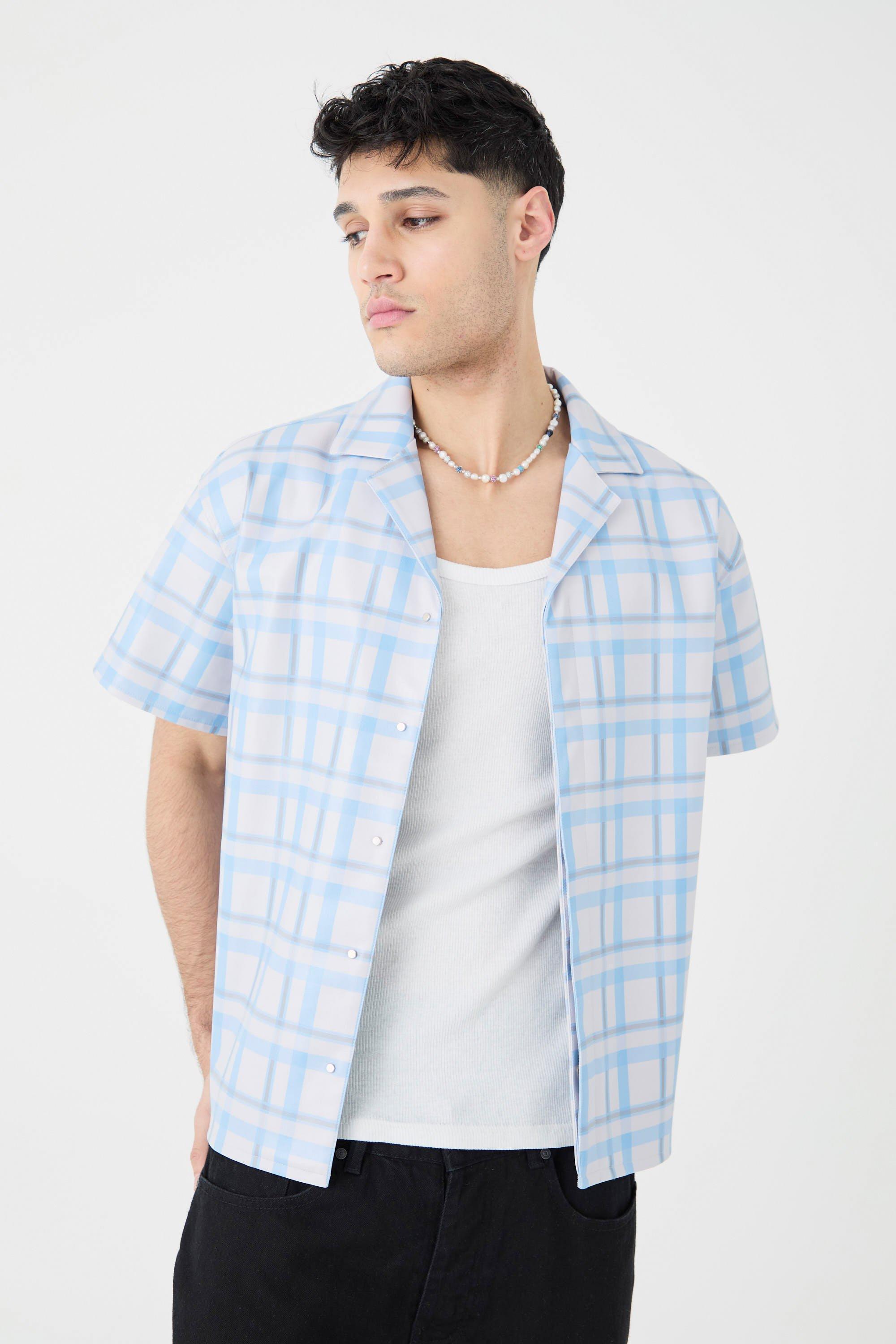 Short Sleeve Revere Boxy Check Pu Shirt | boohooMAN USA Product Image