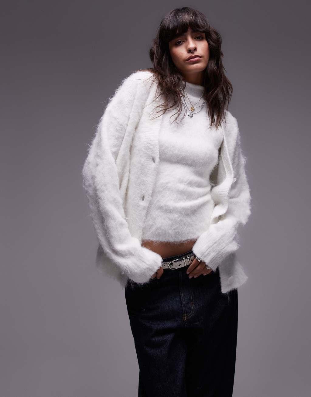 Topshop knit ultra fluffy oversized cardigan in ivory - part of a set Product Image