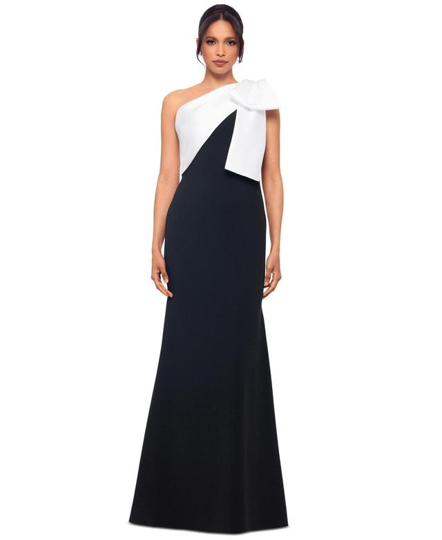 Betsy & Adam Bow One-Shoulder Crepe Mermaid Gown Product Image