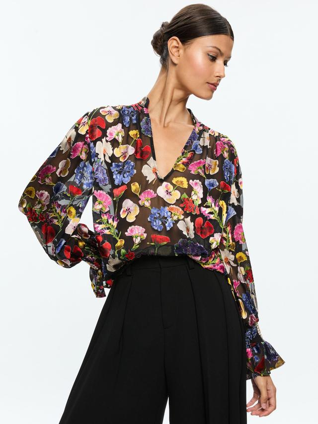 ALICE AND OLIVIA Cosima Floral Silk Blouson-sleeve Button-front Top In Timeless Blossom Product Image