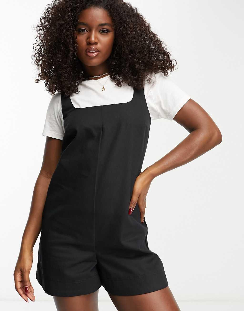 ASOS DESIGN twill square pinny romper in black Product Image