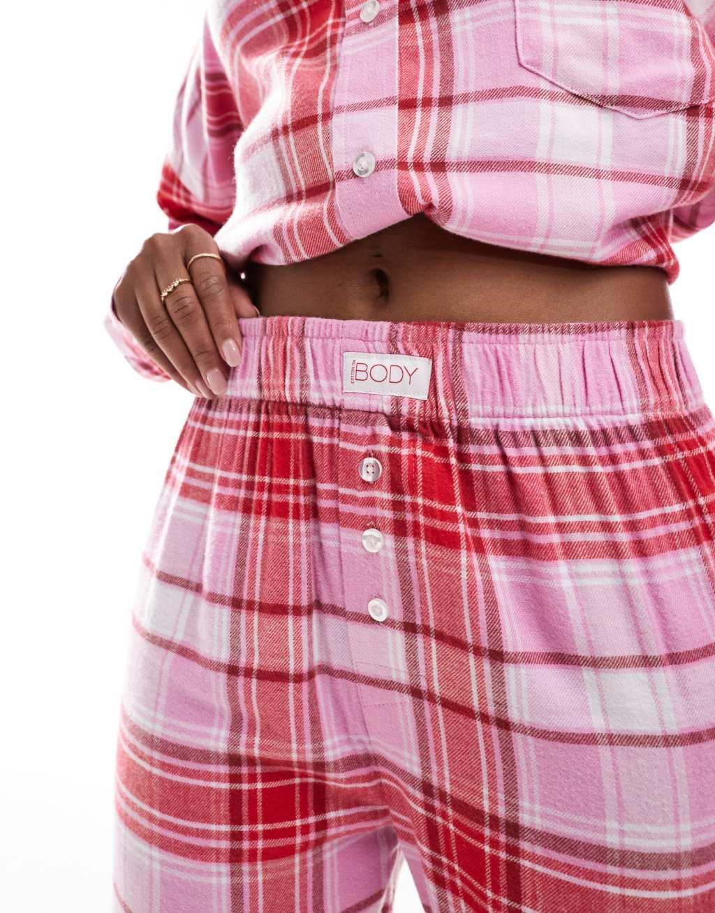 Cotton On relaxed flannel pajama bottoms in pink red plaid Product Image