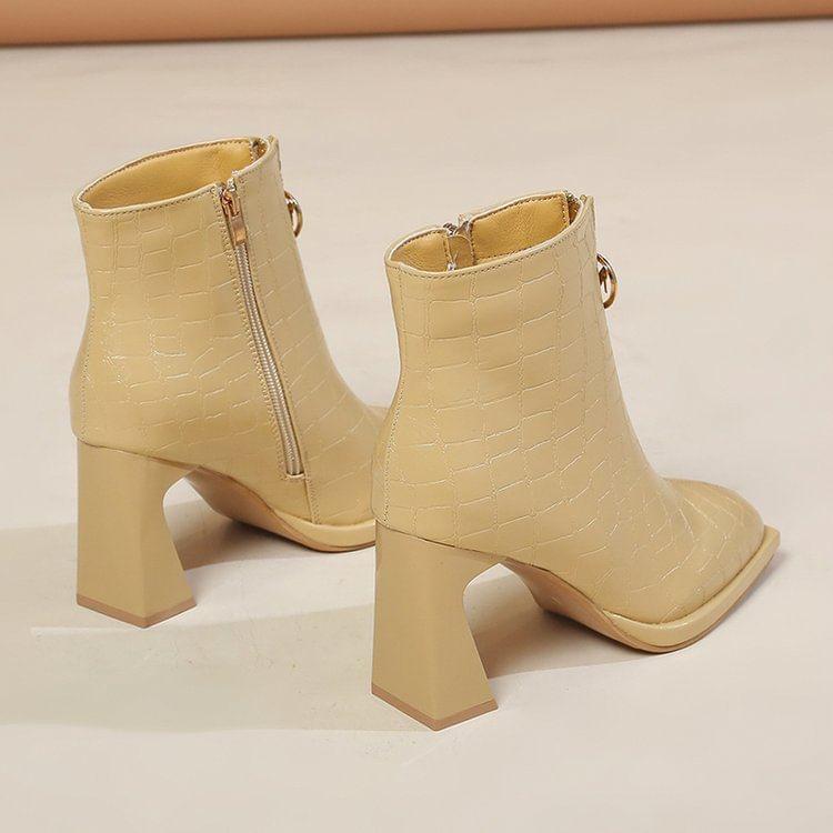 Block Heel Zip-Up Pointed Ankle Boots Product Image