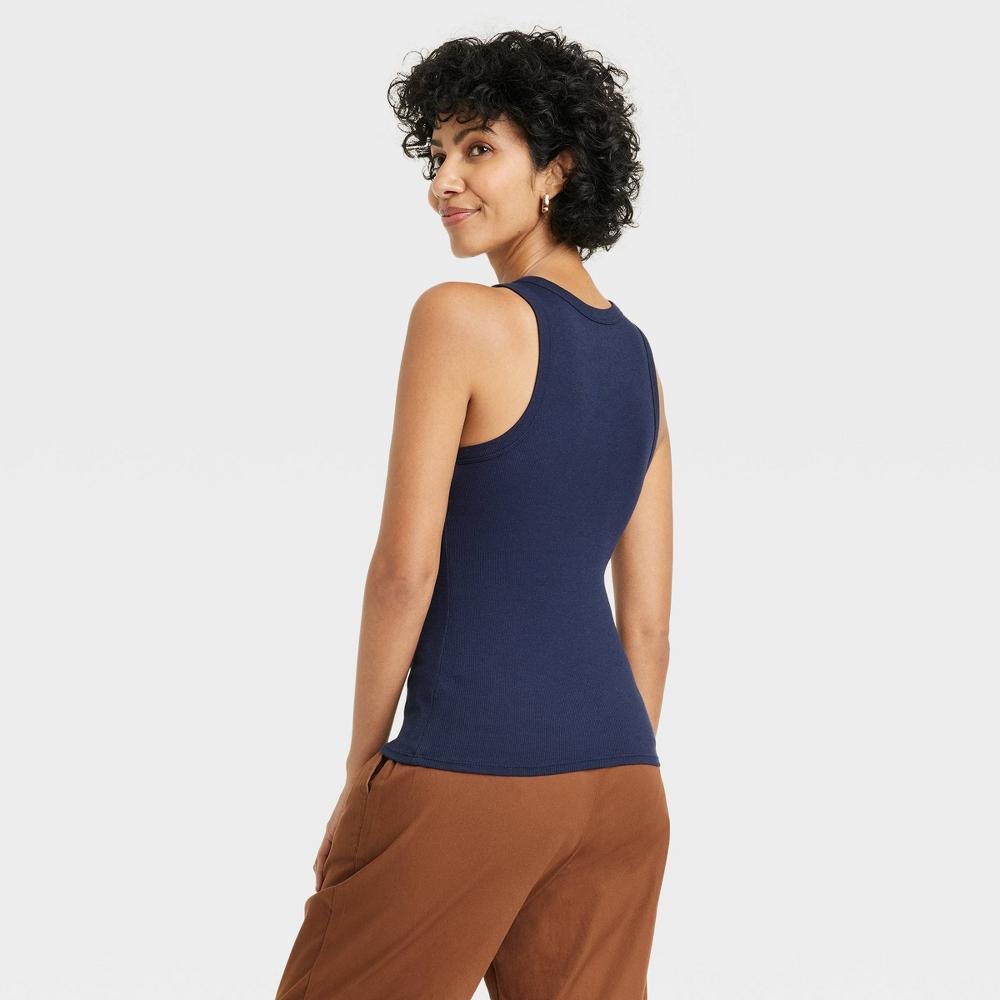 Womens Slim Fit Ribbed High Neck Tank Top - A New Day Navy L Product Image