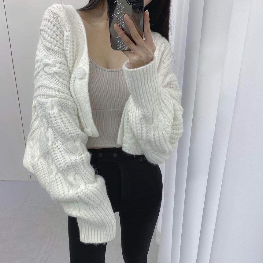 V-Neck Plain Cable Knit Button-Up Crop Cardigan Product Image