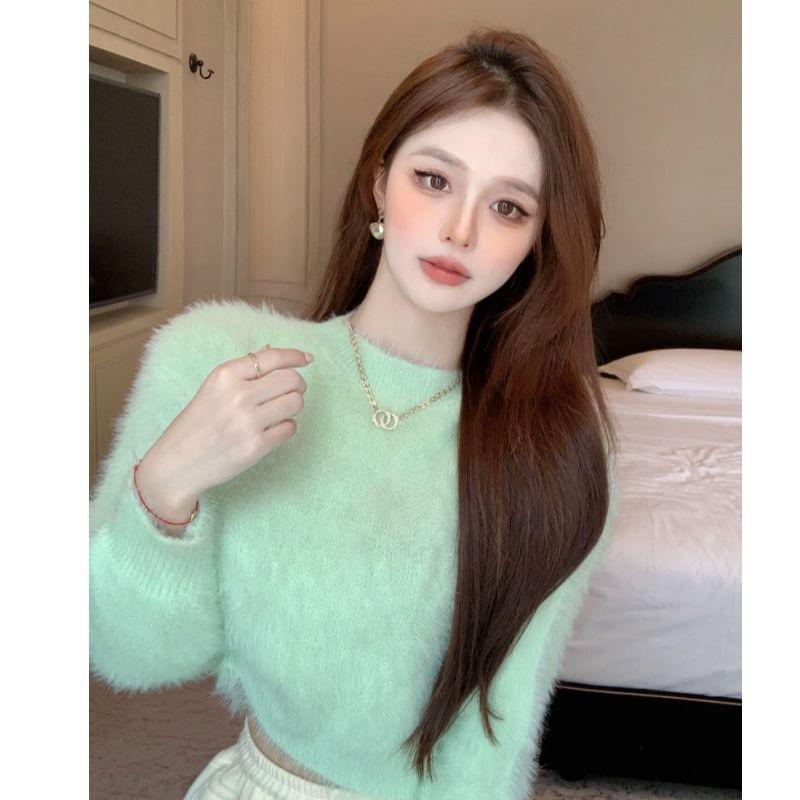 Round Neck Plain Cropped Sweater Product Image