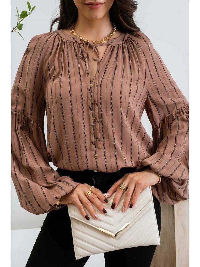 Brown Stripe Peasant Blouse Female Product Image