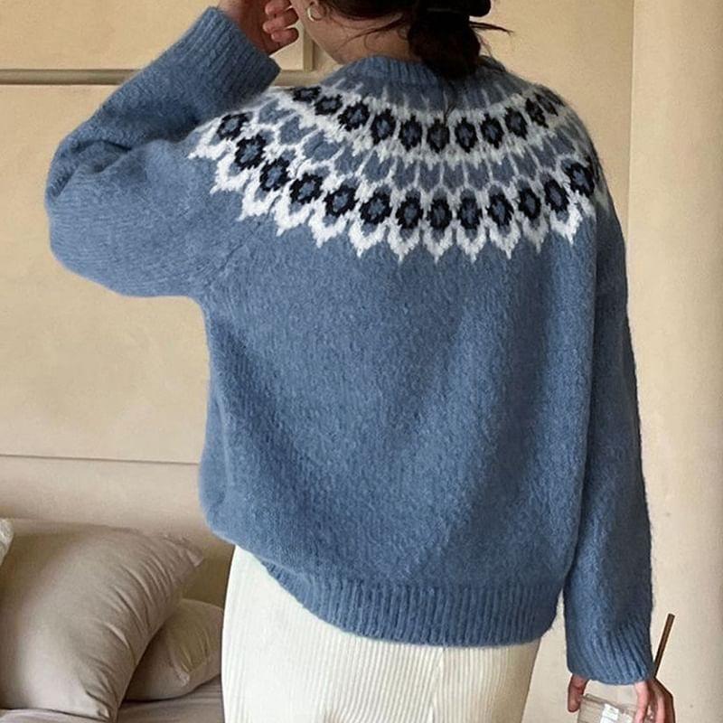 Round Neck Patterned Oversized Sweater Product Image