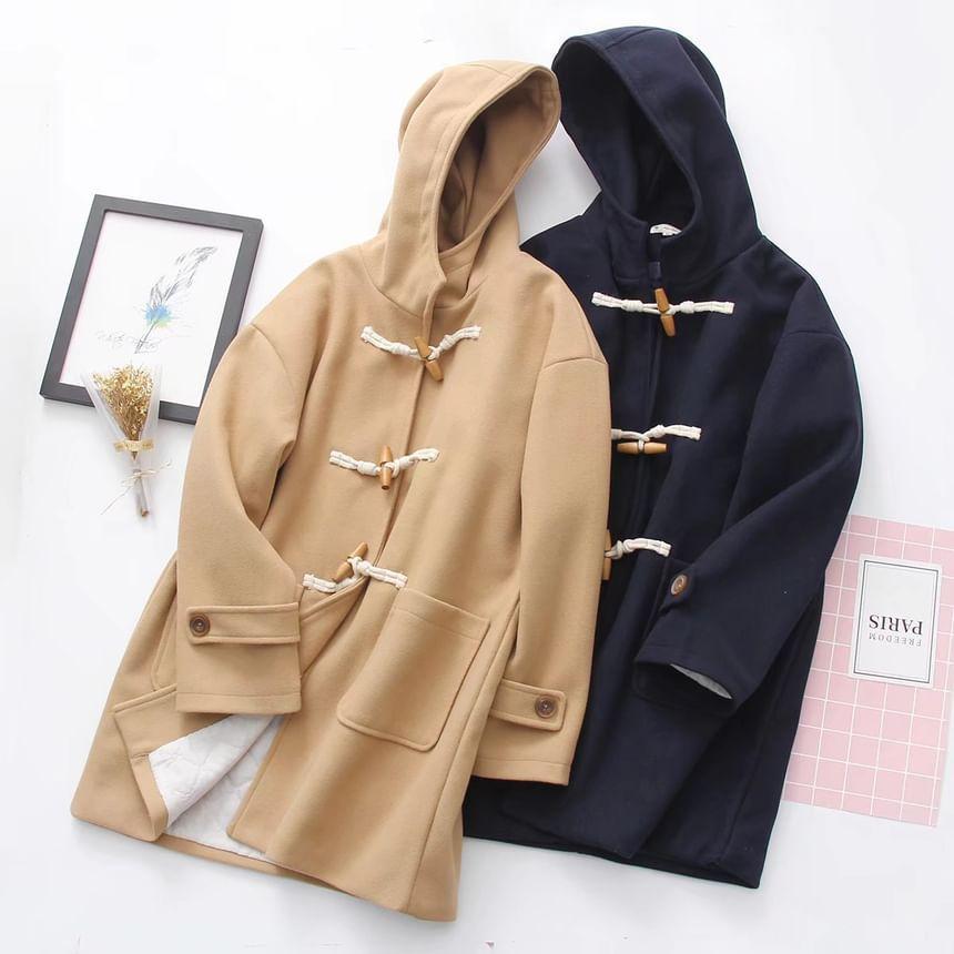 Hooded Plain Toggle Long Coat Product Image