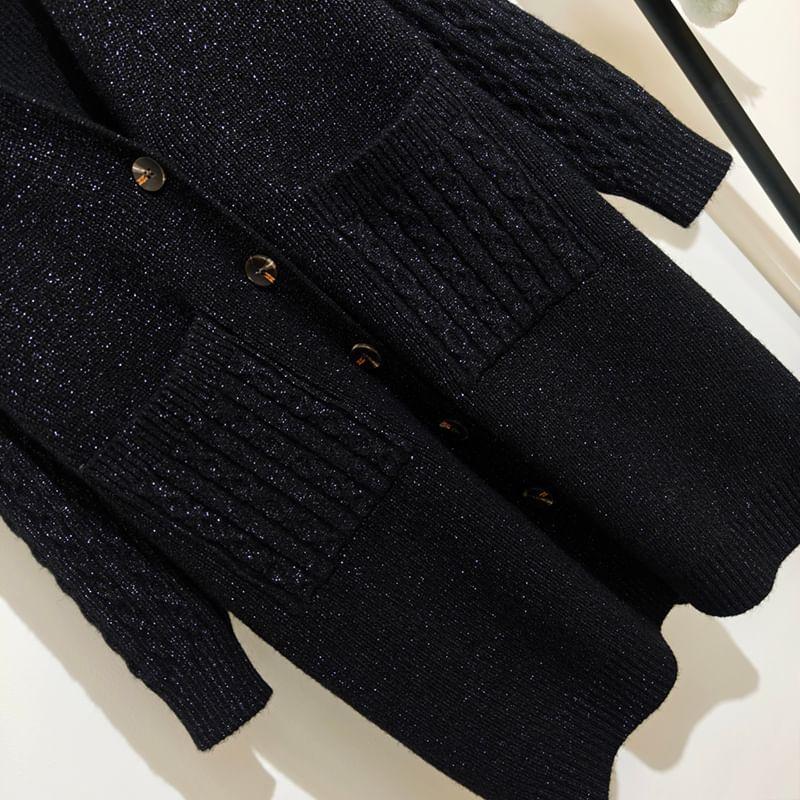 V-Neck Plain Pocketed Long Cable Knitted Cardigan Product Image