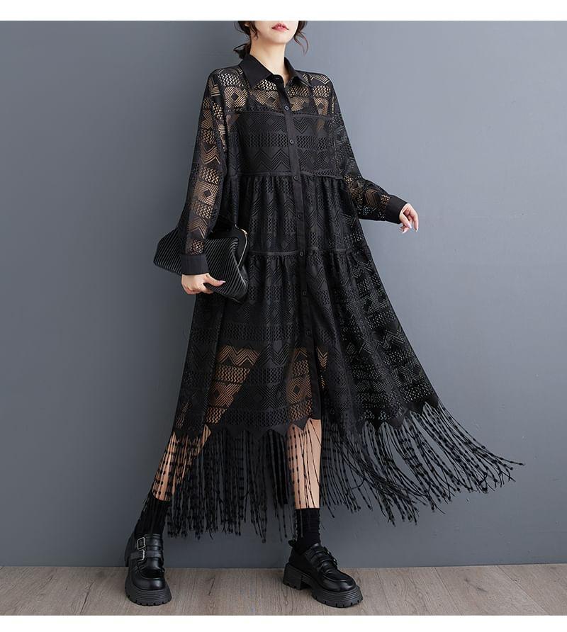 Long-Sleeve Lace Fringed Maxi Shirt Dress Product Image