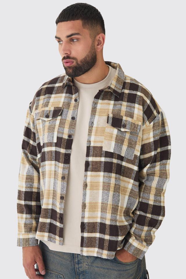 Plus Regular Fit Tan Large Scale Brushed Plaid Shirt | boohooMAN USA Product Image