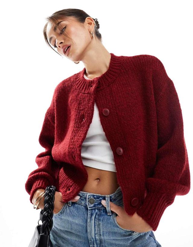 ASOS DESIGN crew neck loose knit cardigan in burgundy Product Image