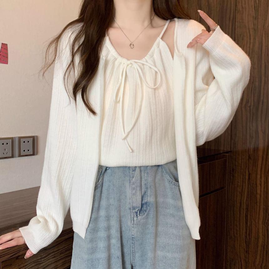 Set: Plain Bow Cami Top + Cardigan Product Image