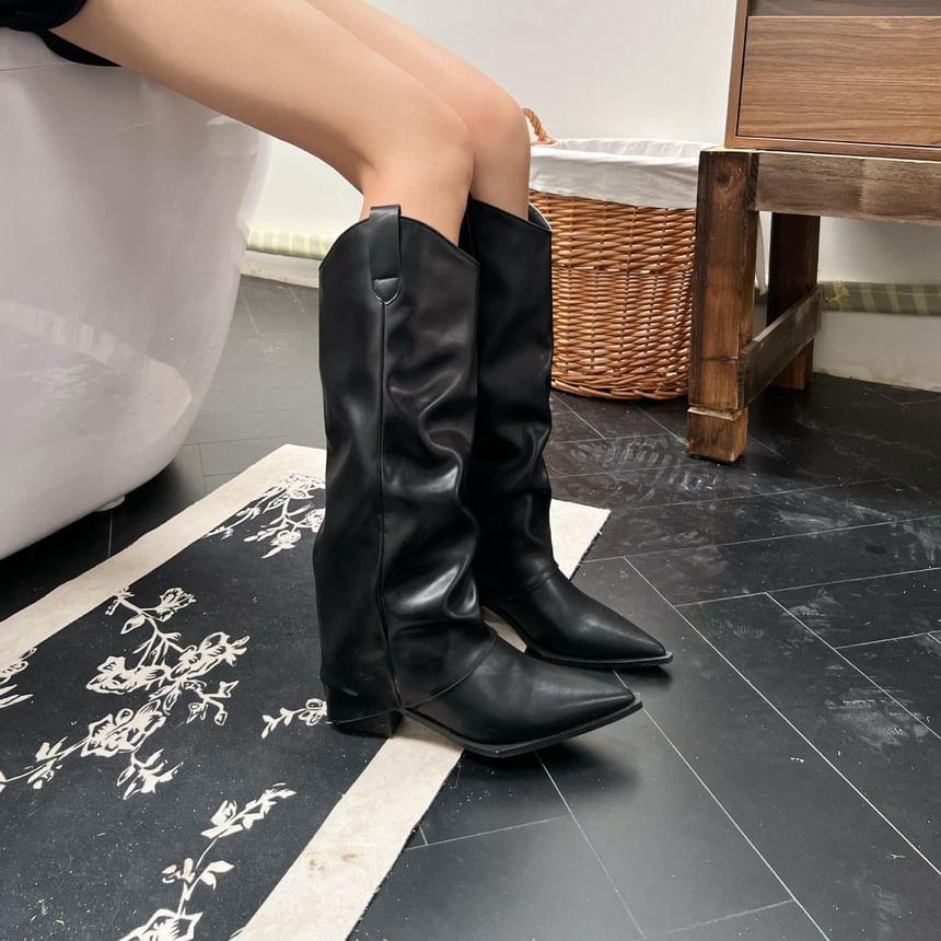 Chunky Heel Pointed Toe Plain Faux Leather Tall Boots Product Image