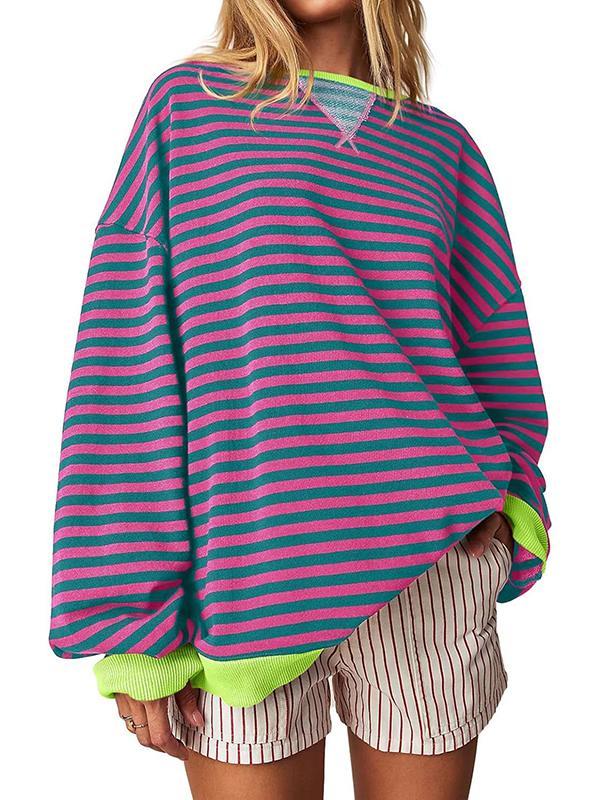 Long Sleeves Loose Contrast Color Split-Joint Striped Round-Neck Sweatshirt Tops Product Image