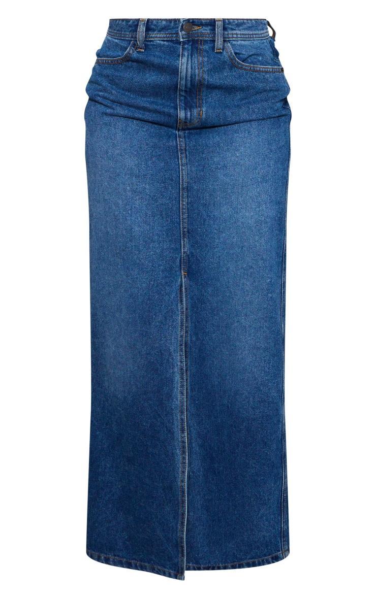 Dark Blue Wash Split Front Denim Maxi Skirt Product Image