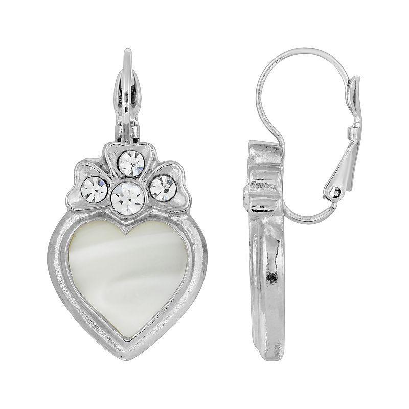 1928 Silver-Tone Crystal Genuine Mother Of Pearl Heart Earrings, Womens, White Product Image