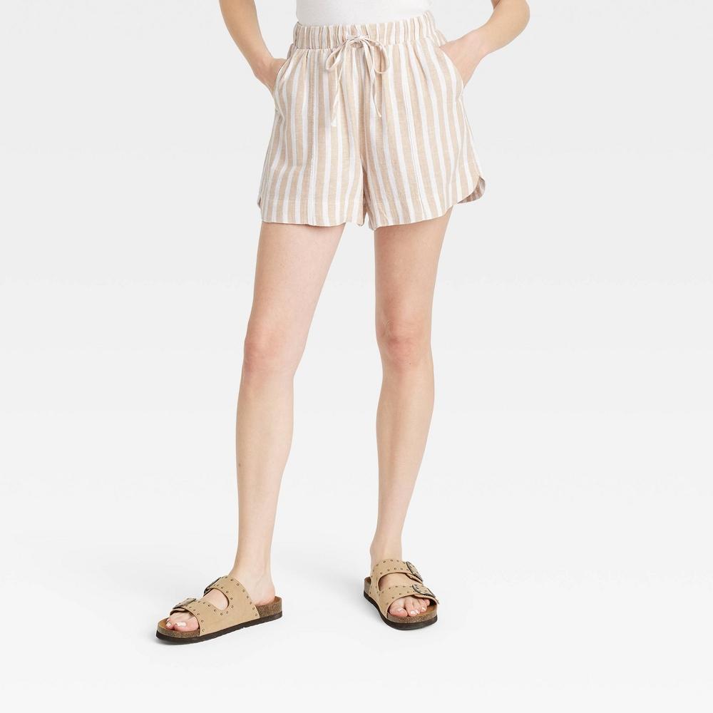 Womens High-Rise Linen Pull-On Shorts - Universal Thread Tan Striped Product Image