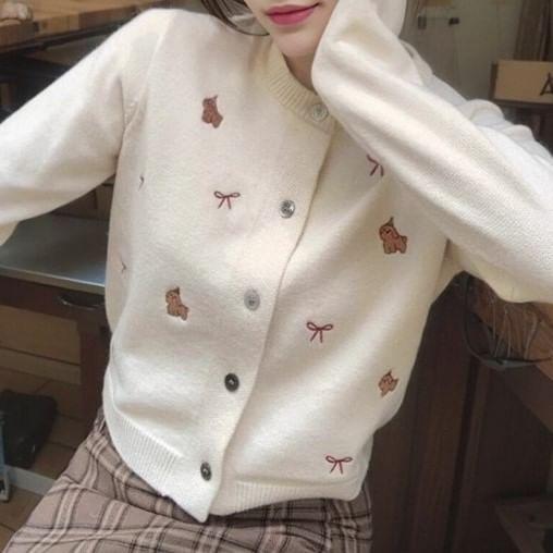 Crewneck Embroidered Button-Up Cardigan Product Image