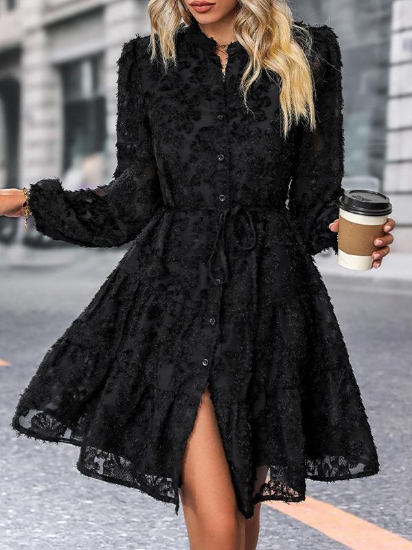 A-Line Long Sleeves Buttoned Jacquard Solid Color Split-Joint Tied Waist Round-Neck Mini Dresses Product Image