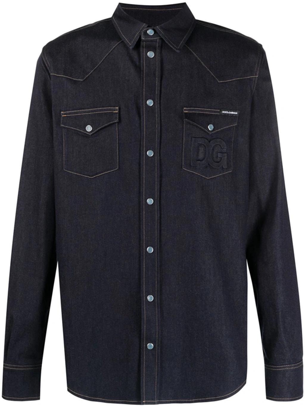 Logo Patch Buttoned Denim Shirt In Dark Blue Product Image