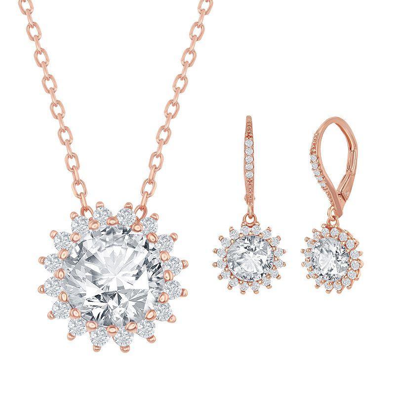 Sterling Silver Cubic Zirconia Sunburst Necklace & Earring Set, Womens, White Product Image